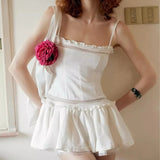 KYLETHOMASW  -  Sexy Beige White Lace Spliced Sling Dress Women Low waist A-line Summer Short Dresses Holiday Party  Robe Cotton
