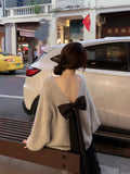 KYLETHOMASW  -  Lazy Halter Bow Round Neck Sweater Female Sueter Mujer Autumn Vintage Long-sleeved Pullovers Loose Thin Gentle Gray Top