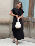 KYLETHOMASW  -  Elegant Women Short Sleeve Midi Dress New Spring Summer Sexy Round Neck Draped High Waist Robe Office Party Long Dresses