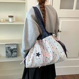 KYLETHOMASW  -  Women Denim Splicing Tote Bag Star Stripe Print Large Capacity Drawstring Shoulder Bag Casual Sweet Daily Shopping Handbag Purse