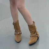 KYLETHOMASW  -  Autumn Winter Women's Brown Western Boots Fashion Metal Belt Rivet Buckle Casual Flat Shoes Ankle Booties Zapatos De Mujer