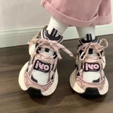 KYLETHOMASW  -  Pink White Chunky Dad Sneakers Women Black Accent Mesh Lace Up Thick Sole Casual Shoes Streetwear Daily Korean Sporty Fashion