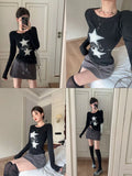 Kylethomasw Y2k Star Print T-shirts for Women Black Long Sleeve Slim Tee Shirt Gothic Style Spring Slim Kpop Dark Aesthetics Clothes