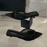 KYLETHOMASW  -  Fashion Pointed Toe Footwear Ladies Heeled Slippers Female Slides Shoes Luxury Rhinestones Women Low Heel Slippers Sandals Shoes