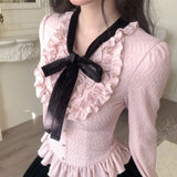 KYLETHOMASW  -   Shirts Women Sweet Sexy Bow Bandage Ruffles Patchwork Long Sleeve Button Slim Crop Tops Spring Fashion Female Blouse