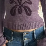 KYLETHOMASW  -  Cropped Sweater Pullover Women Embroidery Flowers V Neck Slim Stretch Long Sleeve Basic Vintage Y2k Harajuku Jumper