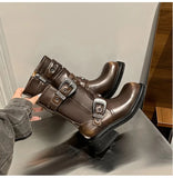 KYLETHOMASW  -  Autumn Winter Metal Belt Buckle Women Motorcycle Boots Fashion Rivet Patent Leather Platform Wedge High heels Chunky Boots Shoes