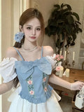 KYLETHOMASW  -  New Heavy-industrial Denim Design Three-dimensional Embroidered Sweet Suspender Slim Top