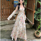 KYLETHOMASW  -  Summer 2PCS Sexy Spaghetti Strap Dress for Women Korean A-line Print Long Dress Slim Fit Temperament Elegant Vacation Dress