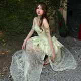 KYLETHOMASW  -  Ruffles Decoration Long Dresses Woman Chest Wrap Backless Lace Patchwork Hem Sweet Girl Street Y2K Style Elegant Vestidos