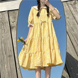 KYLETHOMASW  -  Women Yellow Floral Printed Dress 2024 Summer New Loose Fitting Casual High Waisted College Style Puff Sleeves Dresses