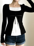 KYLETHOMASW  -  French Sweet Patchwork Contrast Color Fake Two Piece Slim Square Collar Long Sleeve Slim T-Shirts
