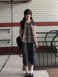 KYLETHOMASW  -  Korean Retro Plaid Top Shirt Women Summer New Round Neck Patchwork Lace Bubble Sleeve Blouse Clothing