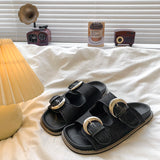 KYLETHOMASW  -  Black Soft Leather PU Flat Sandals Women Fashion Metal Buckle Slide Slippers Summer Light Non-Slip Beach Shoe Sandalias De Mujer