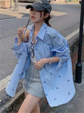 KYLETHOMASW  -  Casual Printed Chic Blue Shirts Women Autumn 2024 Daily Mujer New Loose High Street Full Sleeve Office Lady Coats