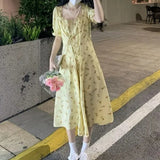 KYLETHOMASW  -  Women Summer Fashion Floral Print Ruffle Bandage Sweet Chic Midi Dress Casual Square Collar Short Sleeve Slim Slit Beach Dresses