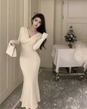 KYLETHOMASW  -  Sweet Hot Girl Sexy V-neck Twisted Dress Women's Autumn Lace-up Slim Fit Hip Wrapped Mermaid Long Dress Fashion Female Clothes