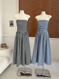 Kylethomasw French Style Retro Contrasting Colors Classics Plaid Women Strapless One-Piece New Pleated A-line Calf Length Dress Design
