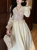KYLETHOMASW  -  French Elegant Sweet Fashion Long Sleeve Dress Women Lace Design Retro Evening Dress Japanese Casual Lovely Chic Party Outfits