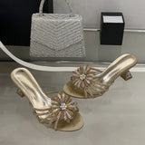 KYLETHOMASW  -  2025 New Gold Silver Crystal Gem Strange Low Heels Slippers Women Rhinestone Flowers Summer Party Prom Shoes Mules Sandals