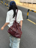 KYLETHOMASW  -  Harajuku Solid Color Chain Backpack Women Drawstring Studded Leather Large Capacity Backpack Ladies Fashion Y2k Mochilas Mujer
