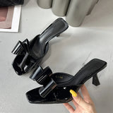 KYLETHOMASW  -  Fashion Patent Leather Butterfly Knot Women Slippers Square Toe Summer Sandals Low Thin Heels Mules Slides Shoes Size 39