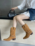 KYLETHOMASW  -  Retro Rivet Belt Buckle Ankle Boots Women Fashion Metal Chain Chunky Heel Designer Boots High Quality Faux Suede Mid Calf Boots