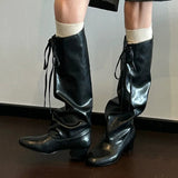 KYLETHOMASW  -  Women High Heels Knee High Boots Designer New Leather Shoes Winter Sexy Chunky Long Boots Lace Up Shoes Chelsea Botas Woman