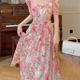 KYLETHOMASW  -  Women Square Neck Floral Printed Forest French Style Dress Summer New Fresh Fairy Pink Puff Sleeve Dresses Female
