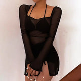 KYLETHOMASW  -  New Euramerican Thin See-throught Square Collar Long Sleeve Shirts Spice Girl Side Split Punk Top Y2k Punk All Match Short Dress