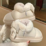 KYLETHOMASW  -  Bow Cotton Shoe Waterproof Plush Boots Women Cute Warm Ankle Boots New Ladies Outdoor Non-slip Thick Sole Snow Boot Furry