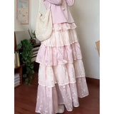 KYLETHOMASW  -  Princess Style Lace Tiered Pink Maxi Skirt Spring Summer Multi-Layer Ruffle A-Line Birthday Party Kawaii Long Skirts for Women
