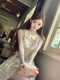 KYLETHOMASW  -  Sweet Floral Mini Dress Women Summer Sleeveless Peter Pan Collar Casual Dresses Kawaii Bow Lace Patchwork Fashion A Line Dress