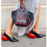 KYLETHOMASW  -  Women's Pumps Pointed Toe Black Leather Upper Red Balloon Shaped Heel Unique Design Fashion Statement Elegant Style Footwear