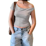 KYLETHOMASW  -  Asymmetric off shoulder sloping neck T-shirt for niche hot girls,  summer American light mature style slim fit short knitted top