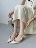 KYLETHOMASW  -  Pink High Heels Sexy Pointed Toe Slingback Shoes Summer Small Flower Low Heel Office Shoes Black Pumps White Talons Femme