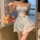 KYLETHOMASW  -  Elegant Lace Patchwork Blue Strap Dresses Summer New Slim Fit Dress for Women Y2k E-Girl High Waist Ruched Vestidos Mujer