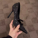 KYLETHOMASW  -  New Thin Heel Shallow Mouth Single Shoes Banquet Fashion Bow Pointed Water Diamond Silk High Heels