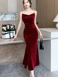 KIylethomasw Women Sexy Vintage Split Velvet Midi Dresses Summer French Elegant Spaghetti Strap Wedding Party Female Clothing