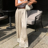 KYLETHOMASW  -  Women Satin Silk Lace Trim Pants Y2k High Street Elastic Waist Wide Leg Pj Lounge Boxer Bottoms Trendy Causal Trousers