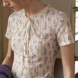 KYLETHOMASW  -  French Retro Women Summer Textured Floral Knit T-shirt Lace Collar Half Button Short Sleeve Casual Blouse