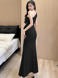 KIylethomasw Women Sexy Backless Slim Split Long Dress Summer Fashion Elegant Sleeveless Off Shoulder Elegant Club Party Mesh Dresses