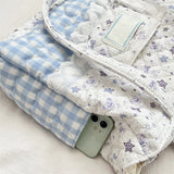 KYLETHOMASW  -  Kawaii Floral Bear Quilted Tote Bag Plaid Splicing Lace Decor Shoulder Bag Cartoon Large Capacity Women Casual School Handbag