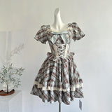 KYLETHOMASW  -  Pure Cotton Plaid Preppy Dress Women British Retro Lace Bandage Bow Kawaii Mini Dress Vintage Chic Square Collar Ball Gown Dress