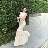 KYLETHOMASW  -  French Women Beige Patchwork Lace Elegant Sexy Backless Slanted Shoulder Long Dresses Summer Vacation Party Fishtail Dress Trend