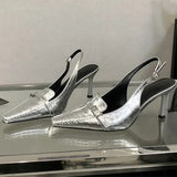 Kylethomasw High Quality Soft Leather Gold Silver High Heels Women Sexy Pointed Toe Belt Buckle Decoration Heeled Sandals Office Women Pumps