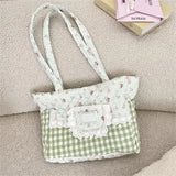 KYLETHOMASW  -  Kawaii Floral Bear Quilted Tote Bag Plaid Splicing Lace Decor Shoulder Bag Cartoon Large Capacity Women Casual School Handbag