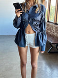 KYLETHOMASW  -  Women Long Sleeve Shirts Solid Color Scrunched Turn Down Collar Button Down Blouses Spring Casual Tops Streetwear