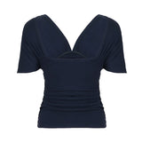 KYLETHOMASW  -  Elegant Women Ruched Deep V Blouse Spring Summer Resort Vacation Solid Short Sleeve Top Date Daily Office Outfit Trendy