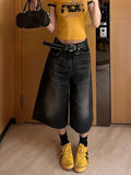 Kylethomasw Black Calf-Length Shorts Jeans Women Streetwear Vintage Oversize Wide Leg Denim Pants Y2k Causal Do Old Summer Bottoms